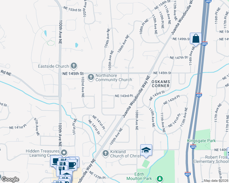 map of restaurants, bars, coffee shops, grocery stores, and more near 10500 Northeast 144th Street in Kirkland