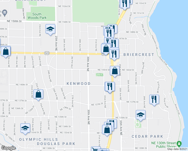 map of restaurants, bars, coffee shops, grocery stores, and more near 3037 Northeast 143rd Street in Seattle