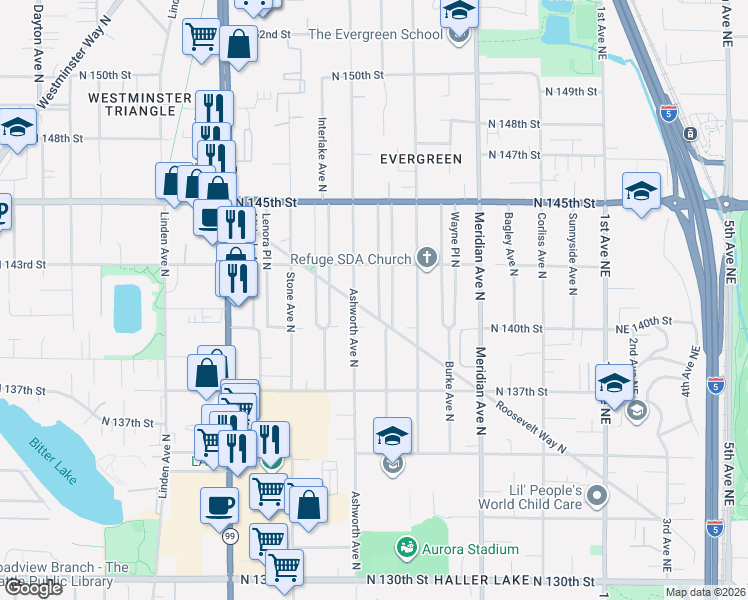 map of restaurants, bars, coffee shops, grocery stores, and more near 14031 Courtland Place North in Seattle