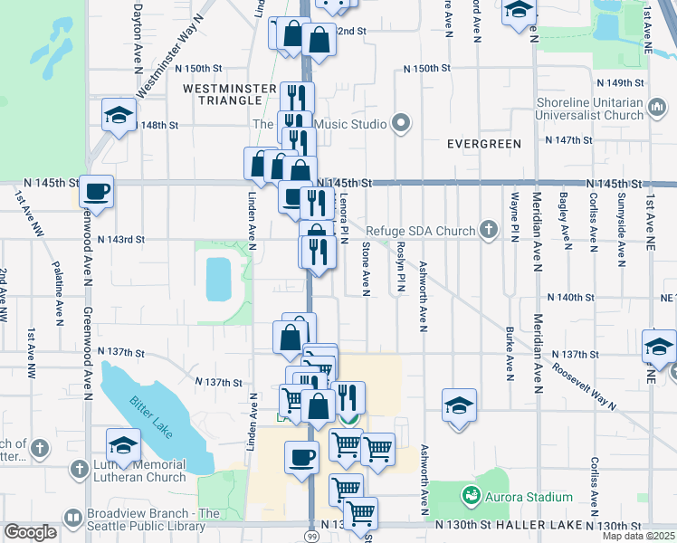 map of restaurants, bars, coffee shops, grocery stores, and more near 14038 Lenora Place North in Seattle