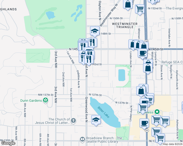 map of restaurants, bars, coffee shops, grocery stores, and more near 14036 Greenwood Avenue North in Seattle