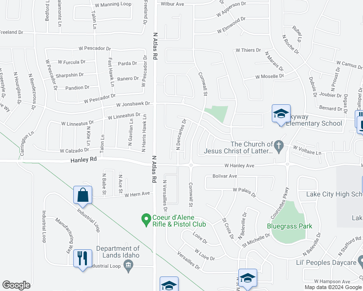 map of restaurants, bars, coffee shops, grocery stores, and more near 6532 North Descartes Drive in Coeur d'Alene
