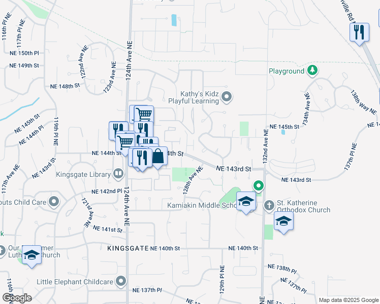 map of restaurants, bars, coffee shops, grocery stores, and more near 12724 Northeast 144th Street in Kirkland
