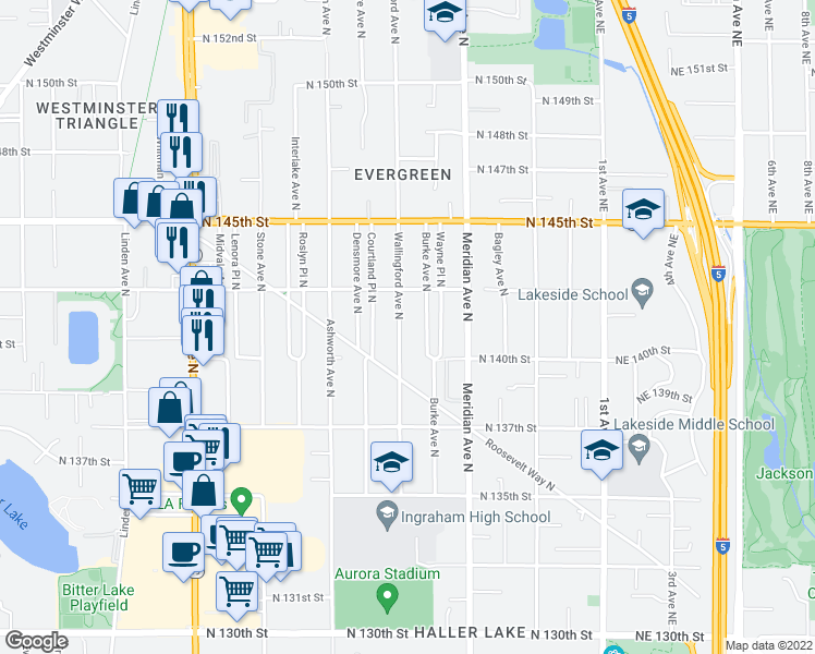 map of restaurants, bars, coffee shops, grocery stores, and more near 14026 Wallingford Avenue North in Seattle