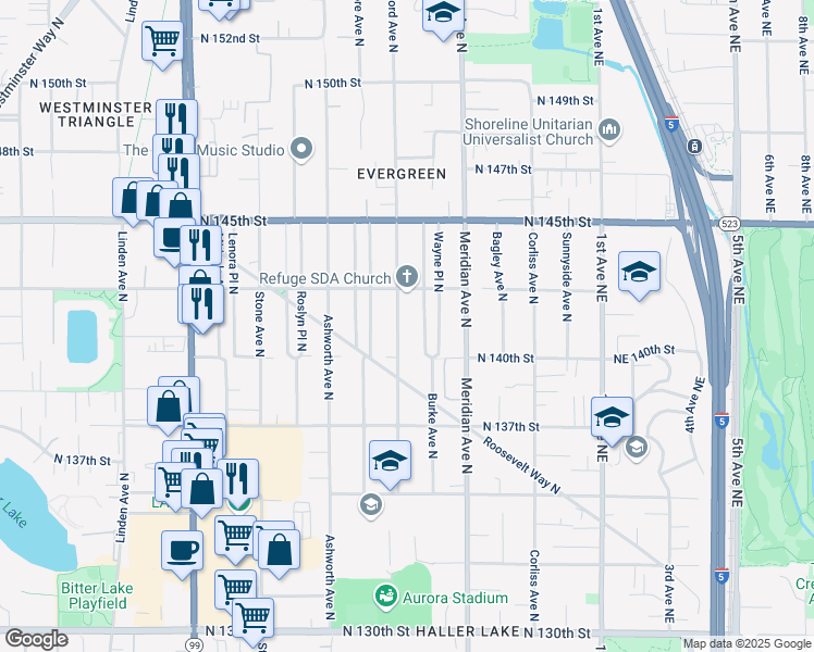 map of restaurants, bars, coffee shops, grocery stores, and more near 14026 Wallingford Avenue North in Seattle