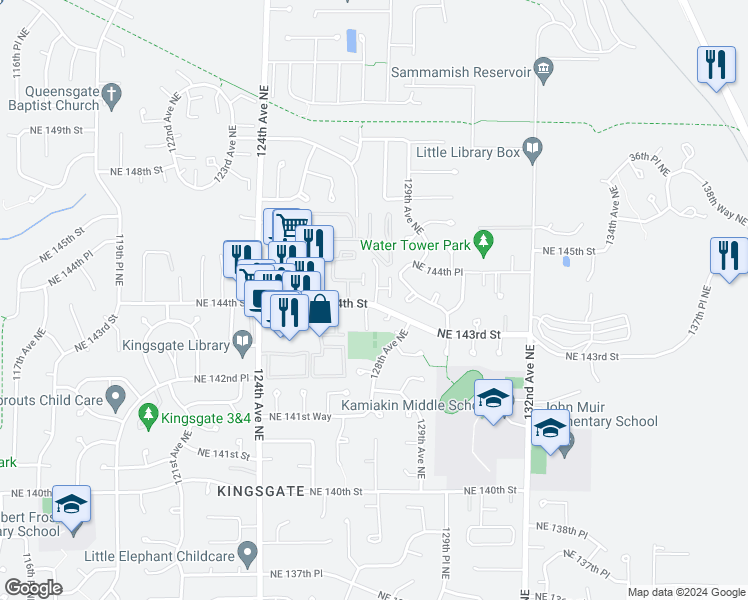 map of restaurants, bars, coffee shops, grocery stores, and more near 12712 Northeast 144th Street in Kirkland
