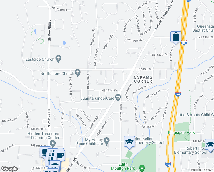 map of restaurants, bars, coffee shops, grocery stores, and more near 10607 Northeast 144th Street in Kirkland