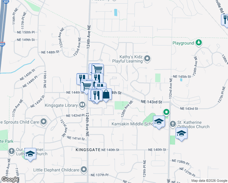 map of restaurants, bars, coffee shops, grocery stores, and more near 12640 Northeast 144th Street in Kirkland