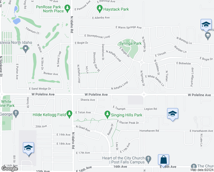map of restaurants, bars, coffee shops, grocery stores, and more near 2300 North Coolwater Drive in Post Falls