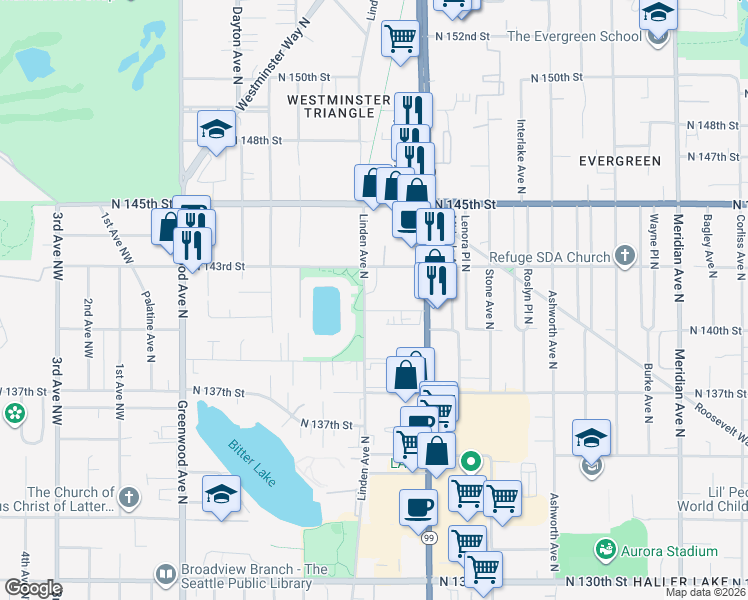 map of restaurants, bars, coffee shops, grocery stores, and more near 14108 Linden Avenue North in Seattle