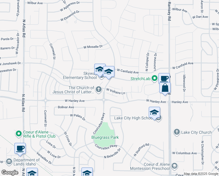 map of restaurants, bars, coffee shops, grocery stores, and more near 701 West Stonington Court in Coeur d'Alene