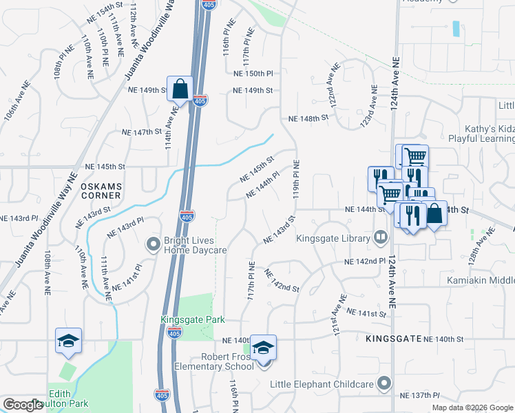 map of restaurants, bars, coffee shops, grocery stores, and more near 14341 118th Avenue Northeast in Kirkland