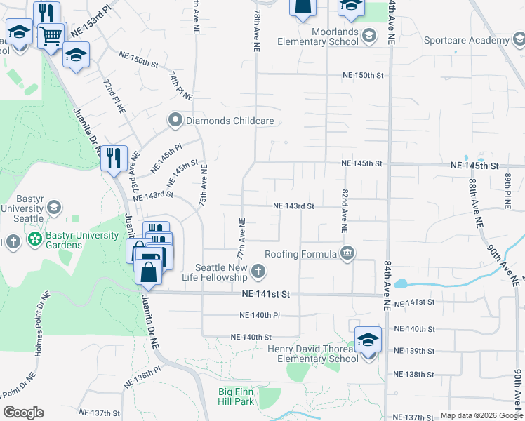 map of restaurants, bars, coffee shops, grocery stores, and more near 7725 Northeast 143rd Street in Bothell