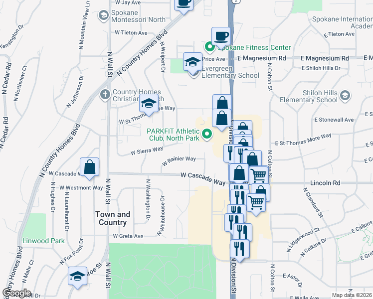 map of restaurants, bars, coffee shops, grocery stores, and more near 303 West Sierra Way in Spokane