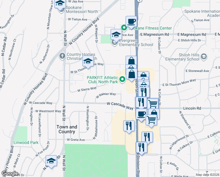 map of restaurants, bars, coffee shops, grocery stores, and more near 303 West Sierra Way in Spokane