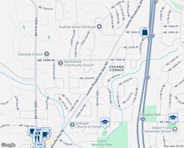 map of restaurants, bars, coffee shops, grocery stores, and more near 14400 107th Place Northeast in Kirkland