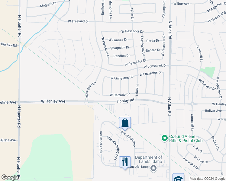 map of restaurants, bars, coffee shops, grocery stores, and more near 6540 Harlan's Hawk Lane in Coeur d'Alene