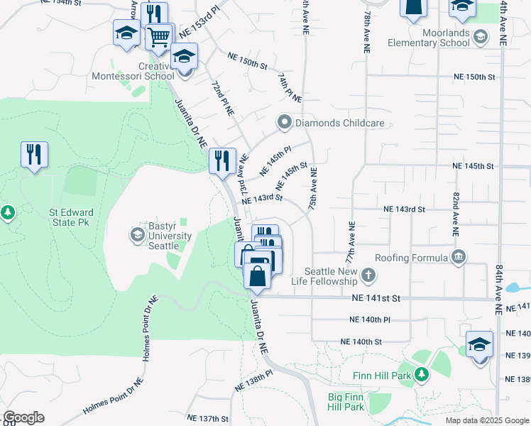 map of restaurants, bars, coffee shops, grocery stores, and more near 7316 Northeast 142nd Place in Kirkland