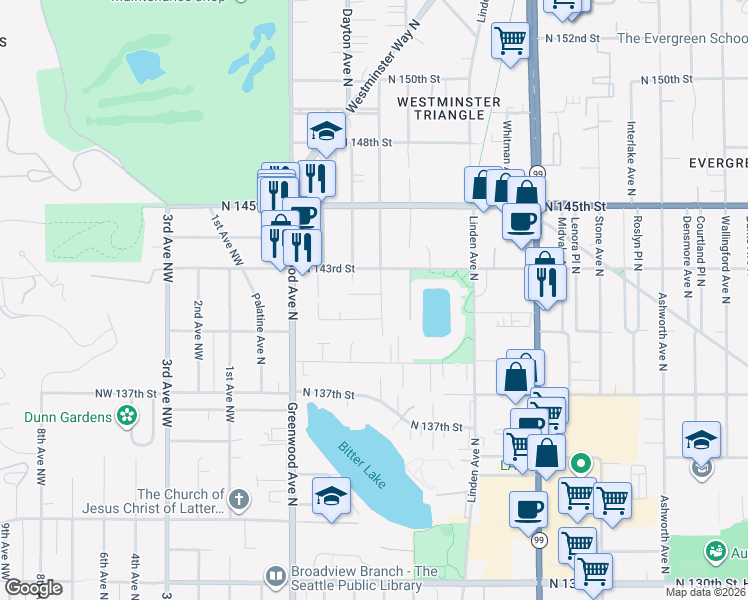 map of restaurants, bars, coffee shops, grocery stores, and more near 521 North 142nd Street in Seattle