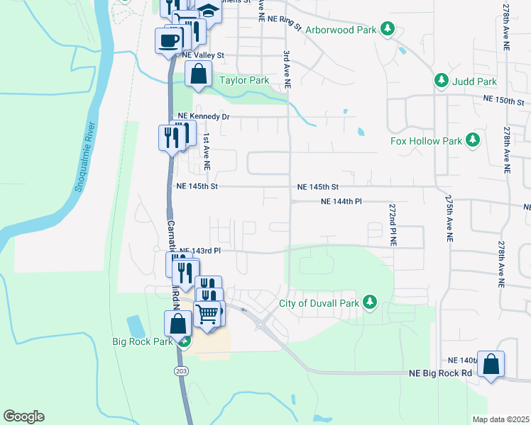 map of restaurants, bars, coffee shops, grocery stores, and more near 14408 267th Court Northeast in Duvall