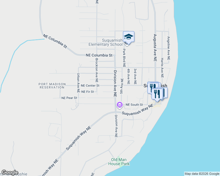 map of restaurants, bars, coffee shops, grocery stores, and more near 6751 Northeast Center Street in Suquamish