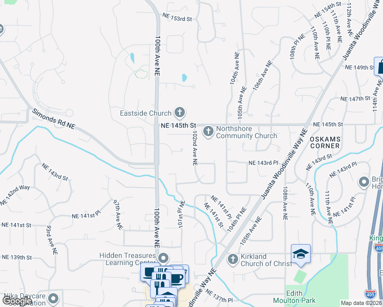 map of restaurants, bars, coffee shops, grocery stores, and more near 14357 102nd Avenue Northeast in Kirkland