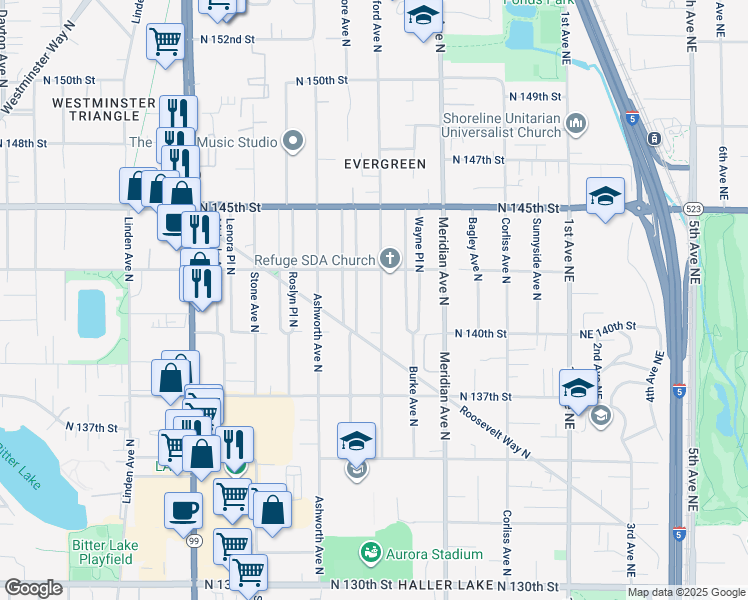 map of restaurants, bars, coffee shops, grocery stores, and more near 14031 Wallingford Avenue North in Seattle