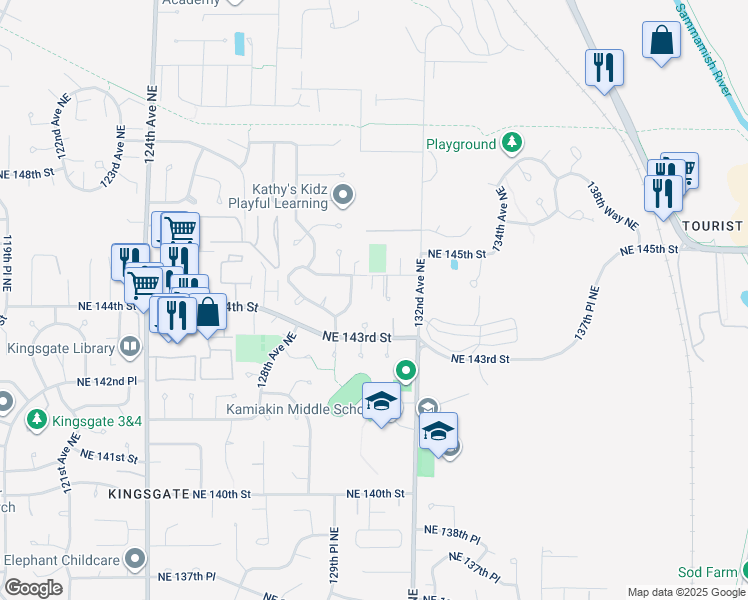 map of restaurants, bars, coffee shops, grocery stores, and more near 13017 Northeast 144th Place in Kirkland