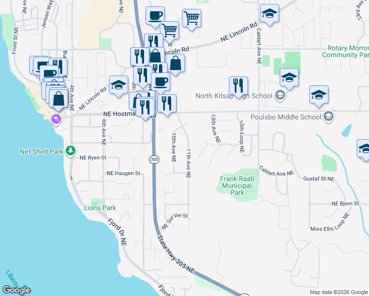 map of restaurants, bars, coffee shops, grocery stores, and more near 18563 11th Ave NE in Poulsbo