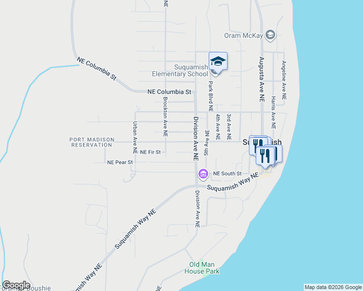 map of restaurants, bars, coffee shops, grocery stores, and more near 6751 Northeast Center Street in Suquamish