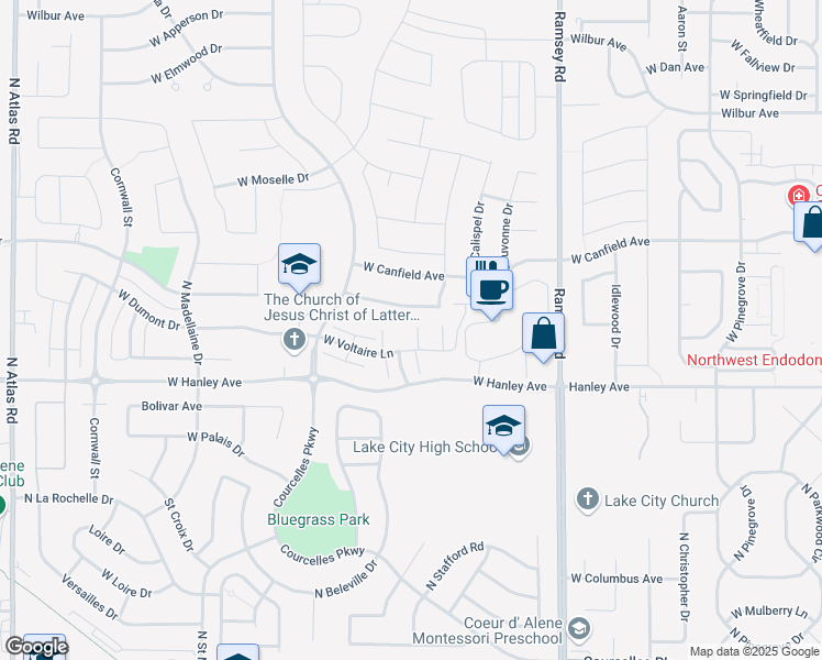 map of restaurants, bars, coffee shops, grocery stores, and more near 206 North Portico Court in Coeur d'Alene