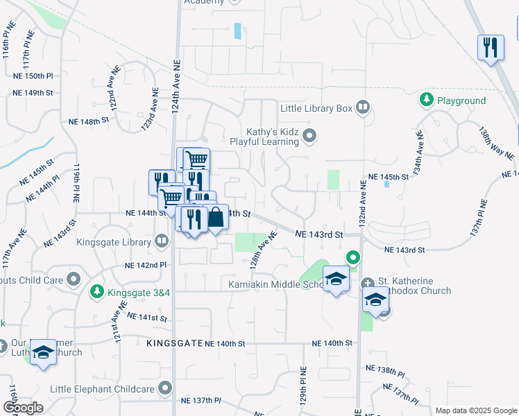map of restaurants, bars, coffee shops, grocery stores, and more near 12724 Northeast 144th Street in Kirkland
