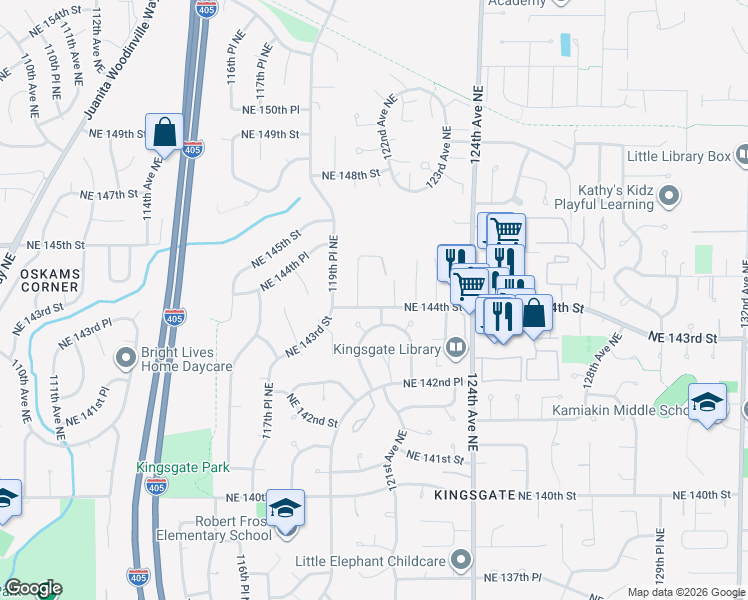 map of restaurants, bars, coffee shops, grocery stores, and more near 12110 Northeast 144th Street in Kirkland