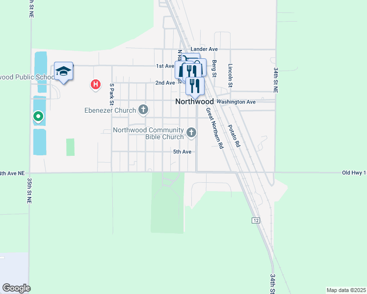 map of restaurants, bars, coffee shops, grocery stores, and more near 411 North Raymond Street in Northwood
