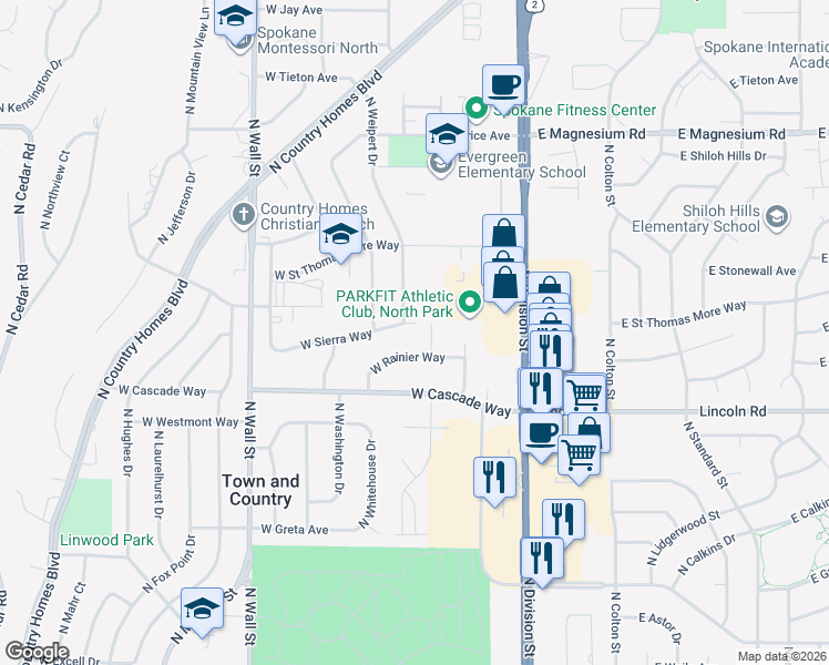 map of restaurants, bars, coffee shops, grocery stores, and more near 303 W Sierra Way in Spokane