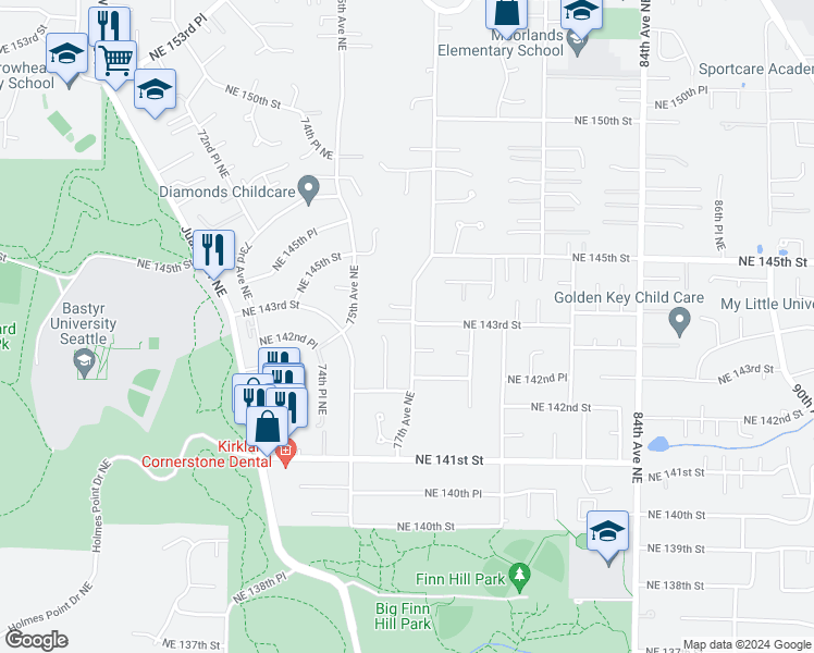 map of restaurants, bars, coffee shops, grocery stores, and more near 14253 77th Avenue Northeast in Kirkland