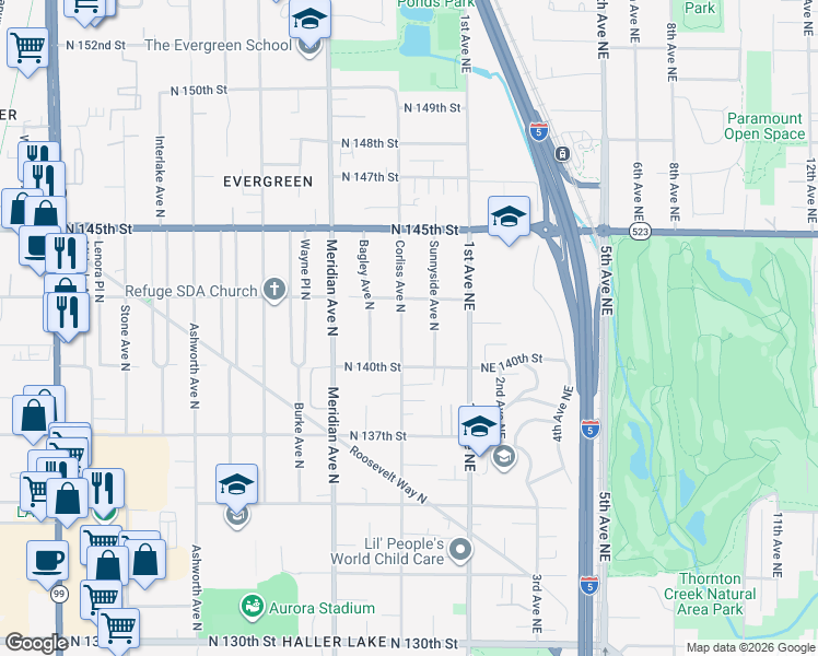map of restaurants, bars, coffee shops, grocery stores, and more near 14034 Corliss Avenue North in Seattle