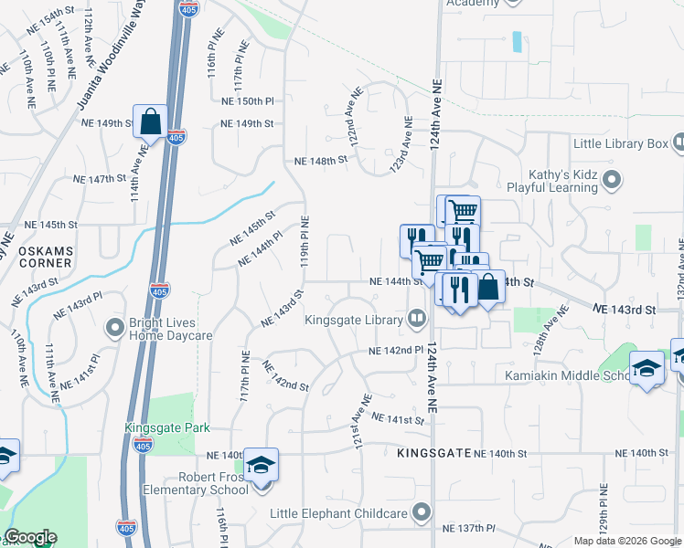 map of restaurants, bars, coffee shops, grocery stores, and more near 12110 Northeast 144th Street in Kirkland