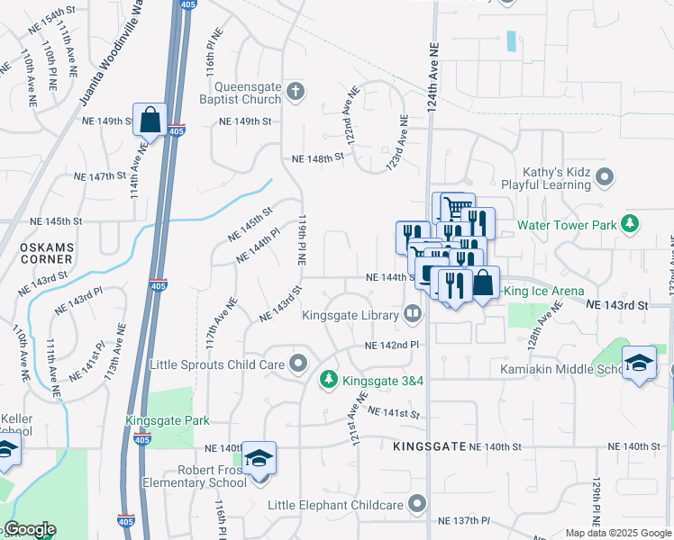 map of restaurants, bars, coffee shops, grocery stores, and more near 12110 Northeast 144th Street in Kirkland