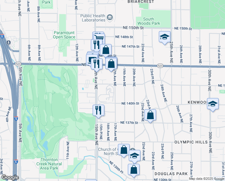 map of restaurants, bars, coffee shops, grocery stores, and more near 1613 Northeast 143rd Street in Seattle