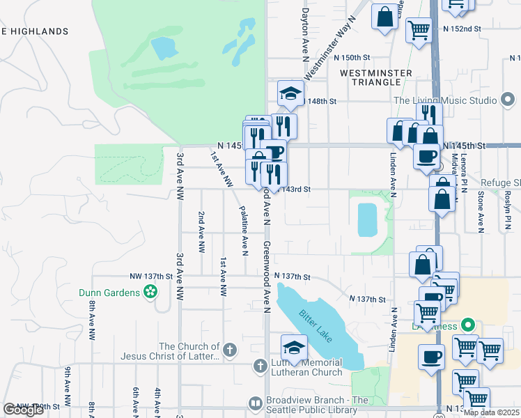 map of restaurants, bars, coffee shops, grocery stores, and more near 14034 Palatine Avenue North in Seattle