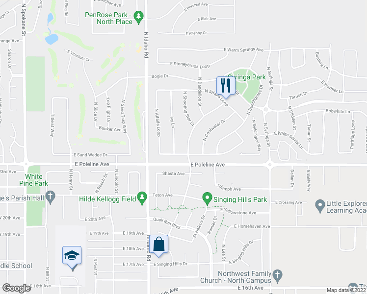 map of restaurants, bars, coffee shops, grocery stores, and more near 2325 North Mackenzie Drive in Post Falls