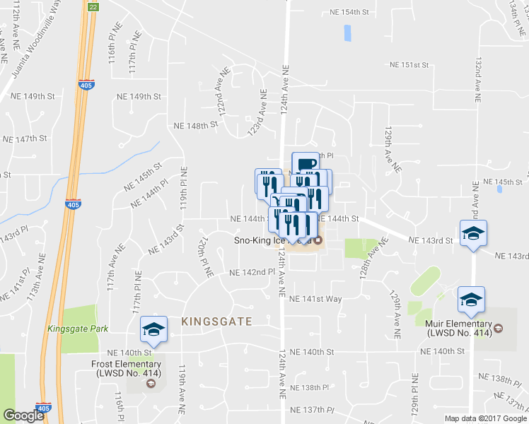 map of restaurants, bars, coffee shops, grocery stores, and more near 12304 Northeast 144th Street in Kirkland