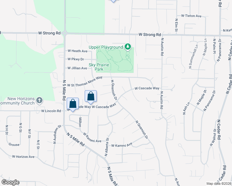 map of restaurants, bars, coffee shops, grocery stores, and more near 8020 North Quamish Drive in Spokane