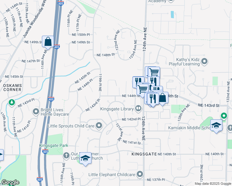 map of restaurants, bars, coffee shops, grocery stores, and more near 12110 Northeast 144th Street in Kirkland