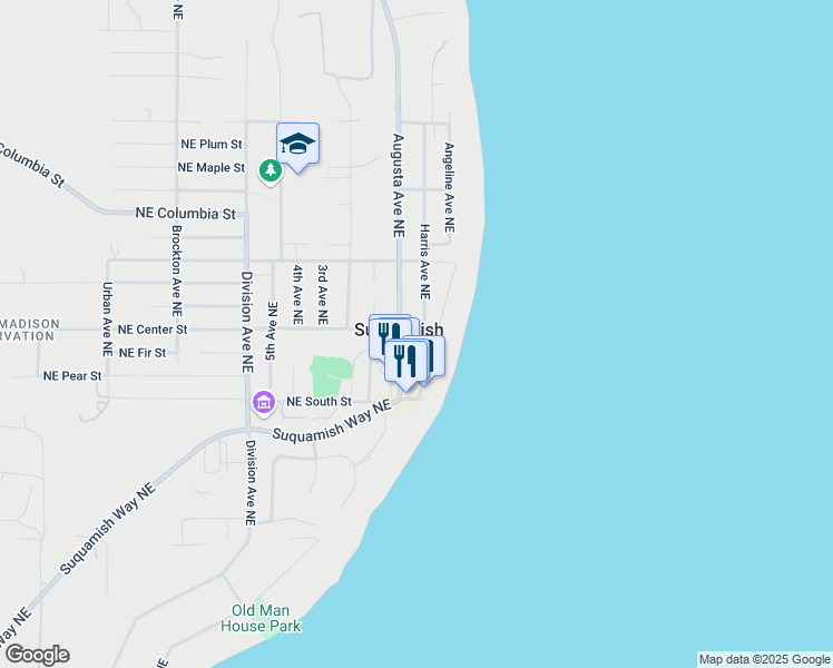 map of restaurants, bars, coffee shops, grocery stores, and more near 7253 Northeast Center Street in Suquamish