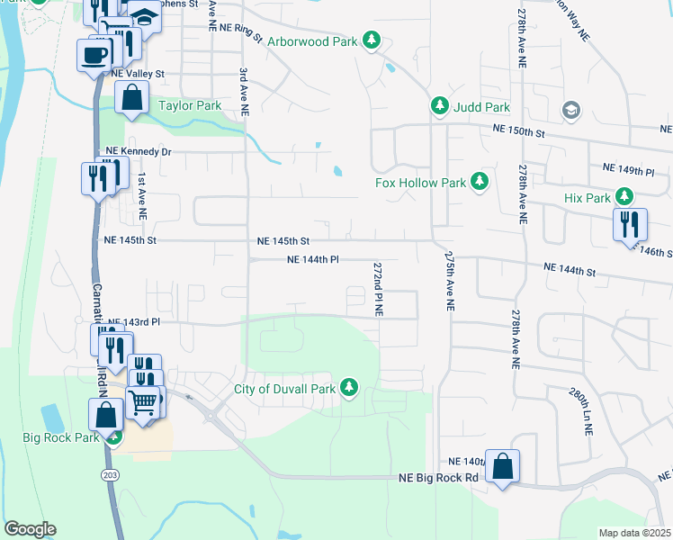 map of restaurants, bars, coffee shops, grocery stores, and more near 27107 Northeast 144th Place in Duvall