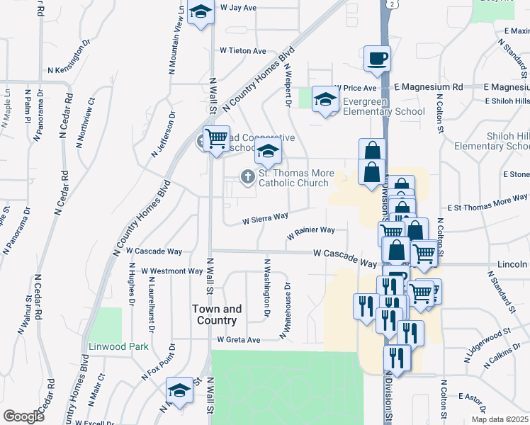 map of restaurants, bars, coffee shops, grocery stores, and more near 410 West Sierra Way in Spokane