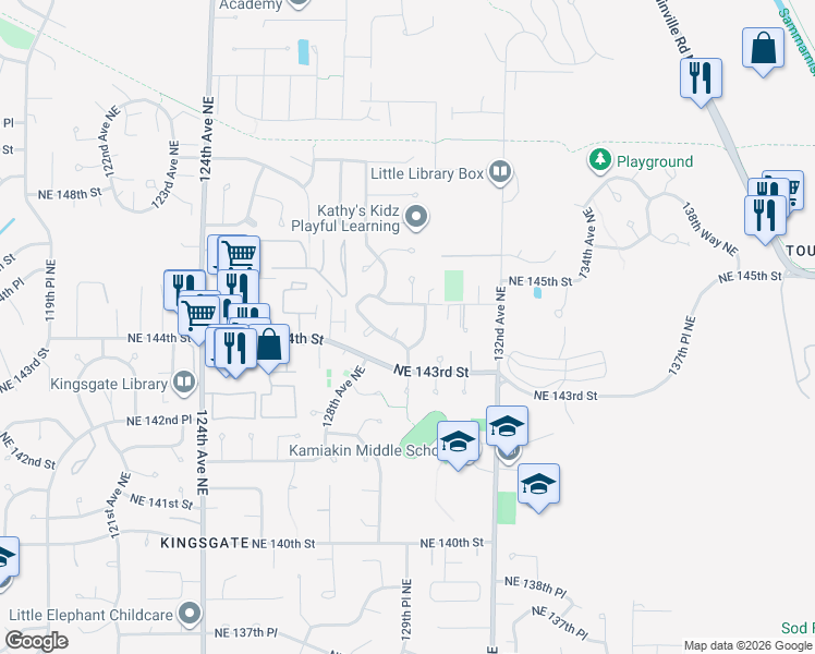 map of restaurants, bars, coffee shops, grocery stores, and more near 12852 Northeast 144th Way in Kirkland