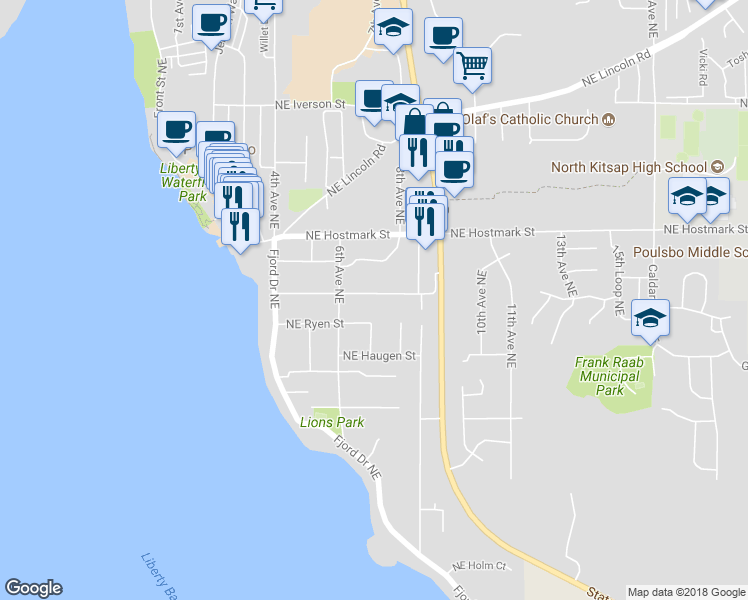 map of restaurants, bars, coffee shops, grocery stores, and more near 709 Northeast Harrison Street in Poulsbo